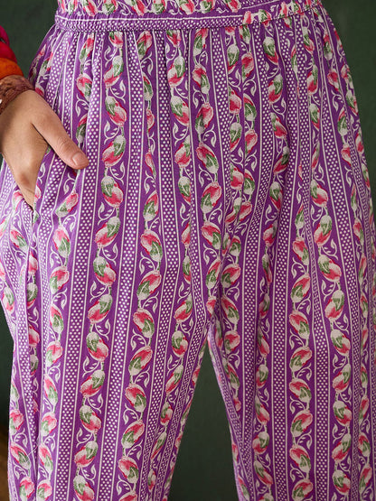 Floral Printed Thread Work Pure Cotton Kurta With Trousers & Dupatta