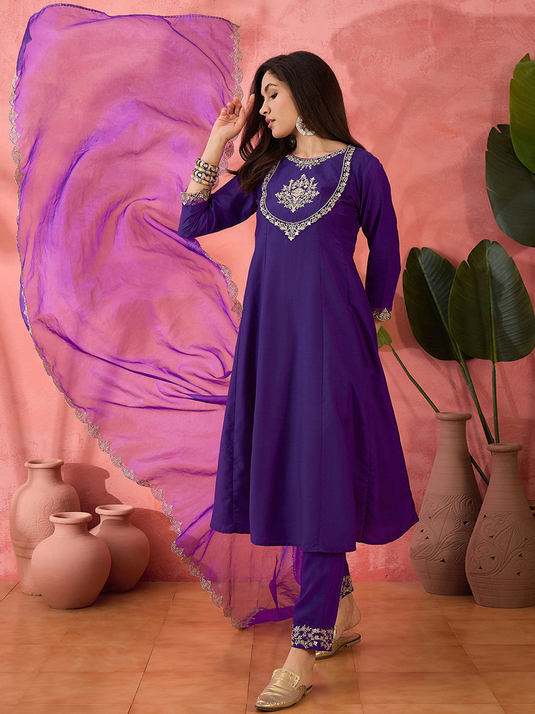 Purple Woven Design Yoke Design Kurta With Trouser And Dupatta et