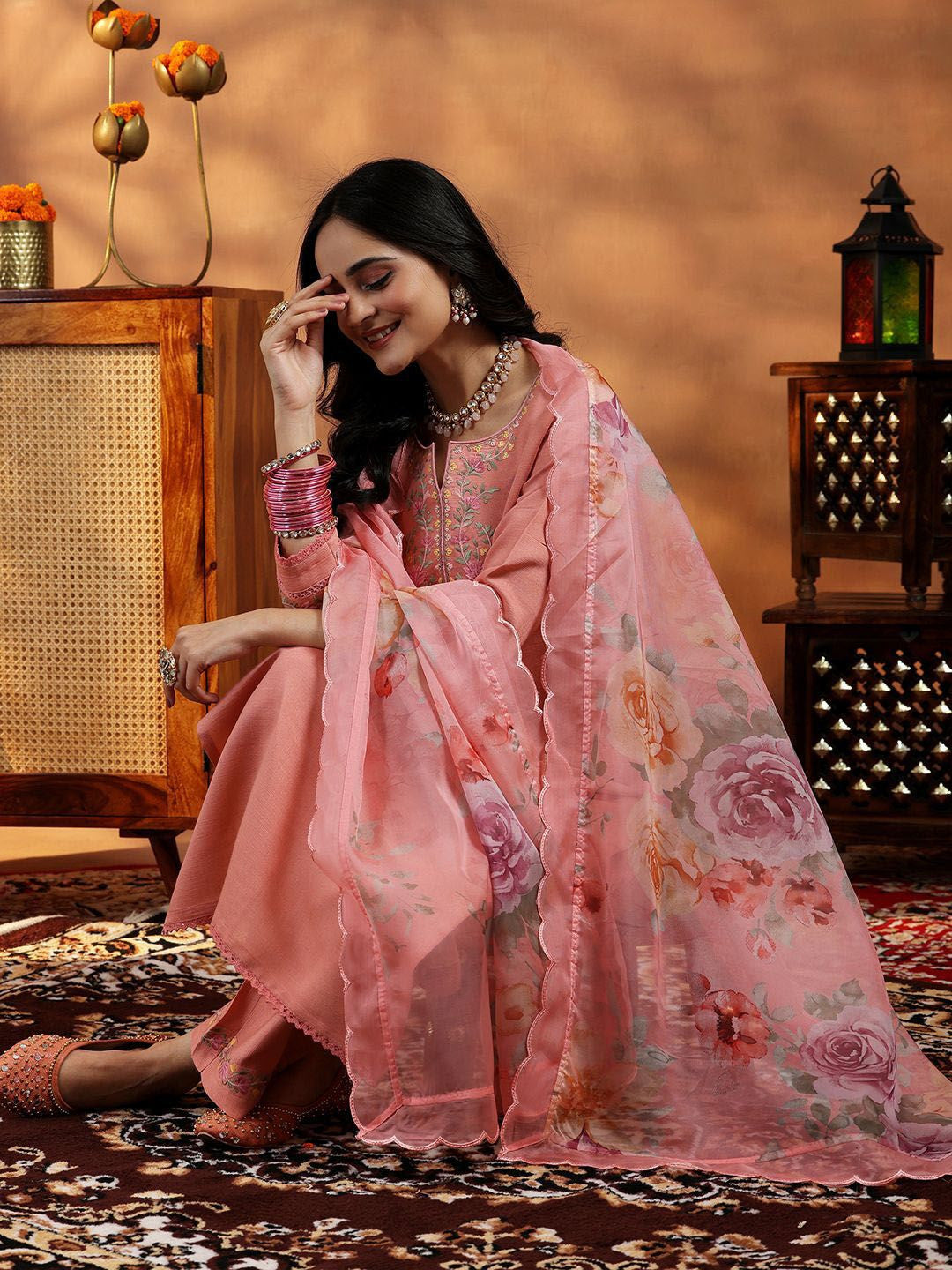 Floral Yoke Design Thread Work Straight Kurta With Trousers & Dupatta