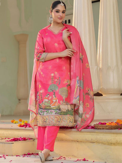 Dhiyona RR Women's Printed Regular Chanderi Cotton Kurta with Trousers & Dupatta