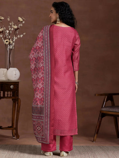 Women's LB Pink Printed Silk Blend Straight Suit With Dupatta