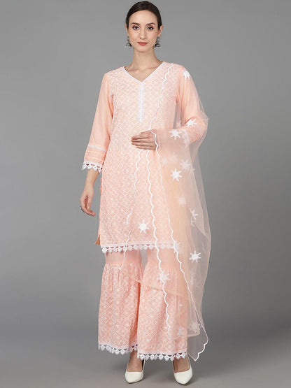 Dhiyona KL Ethnic Motifs Embroidered Regular Thread Work Kurta with Sharara & With Dupatta