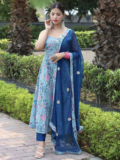 Dhiyona KL Floral Printed Sequinned Sleeveless Anarkali Kurta With Trouser & Dupatta