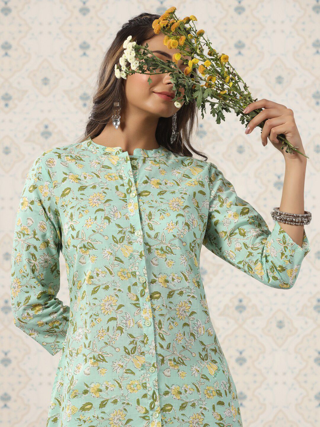 Dhiyona OD  Floral Printed Band Collar Pure Cotton Kurta