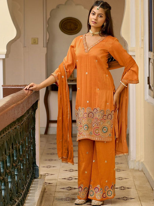 Dhiyona SN Embroidered V-Neck straight Kurta & Palazzos With Dupatta
