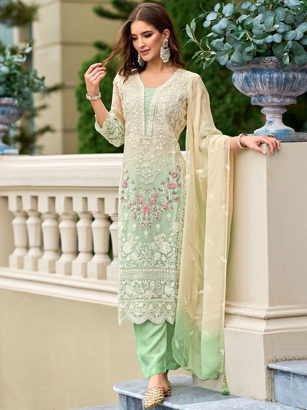 Dhiyona IE Floral Embroidered Sequinned Straight Organza Kurta With Trousers And Dupatta
