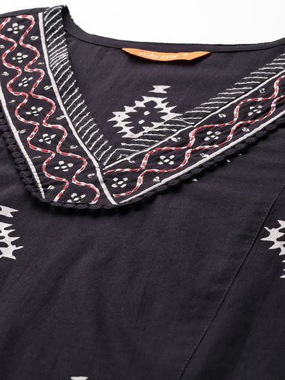 Dhiyona IE Ethnic Motifs Printed Thread Work Pure Cotton Kurta With Trousers & Dupatta