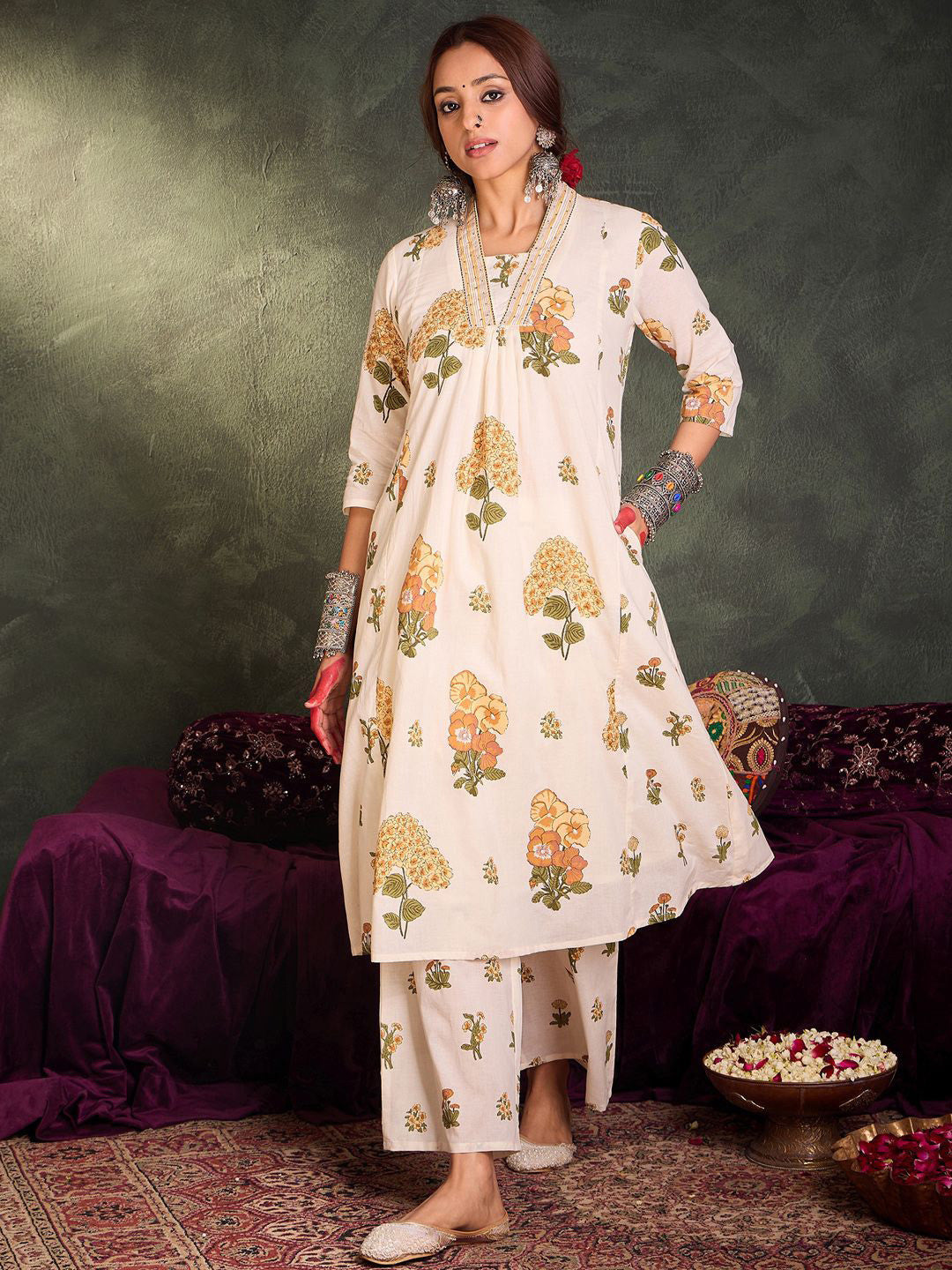 Floral Printed Pure Cotton V-Neck A-Line Kurta With Palazzos