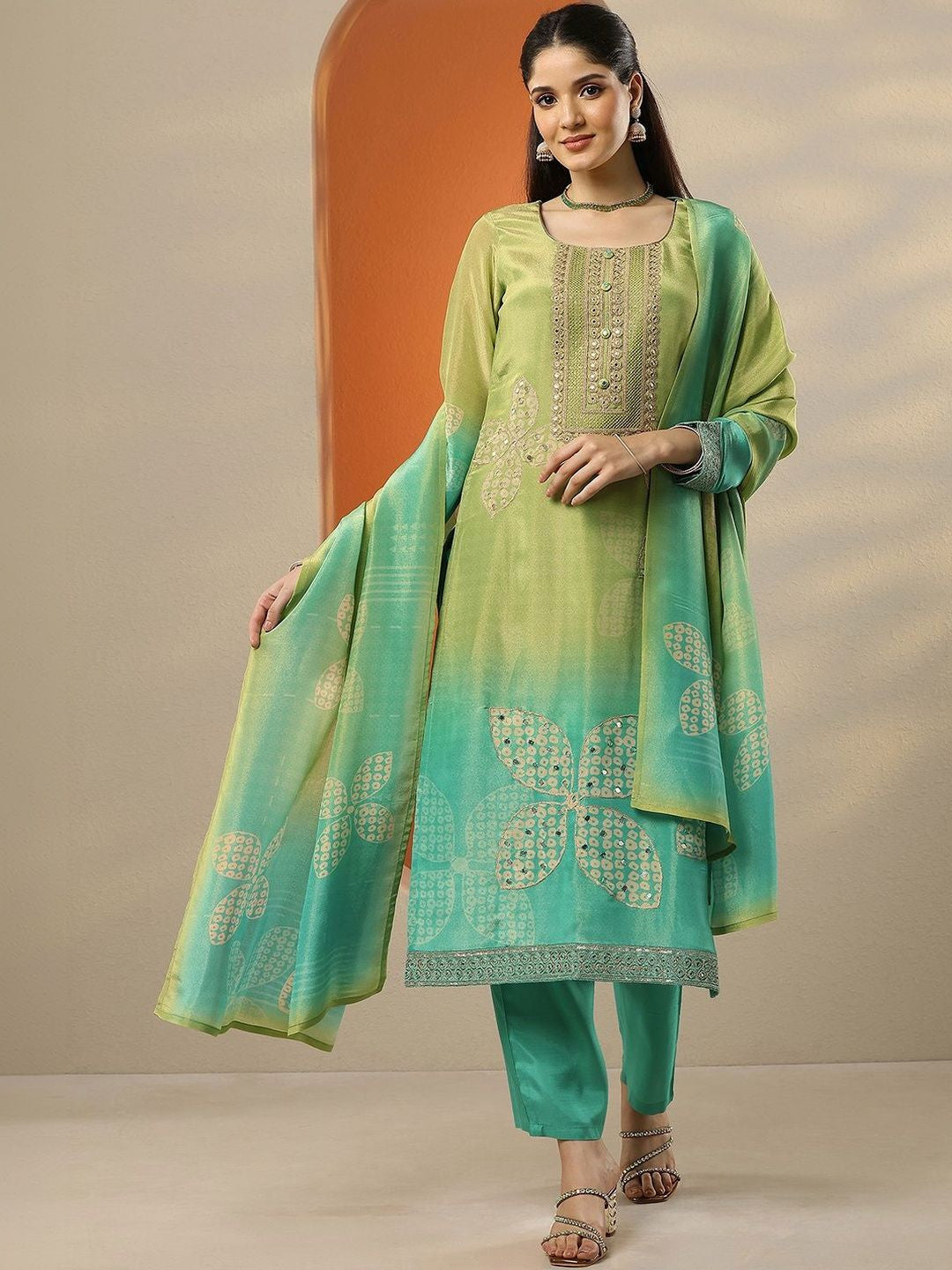 Women Ombre Dyed Regular Mirror Work Silk Crepe Kurta with Trousers & With Dupatta