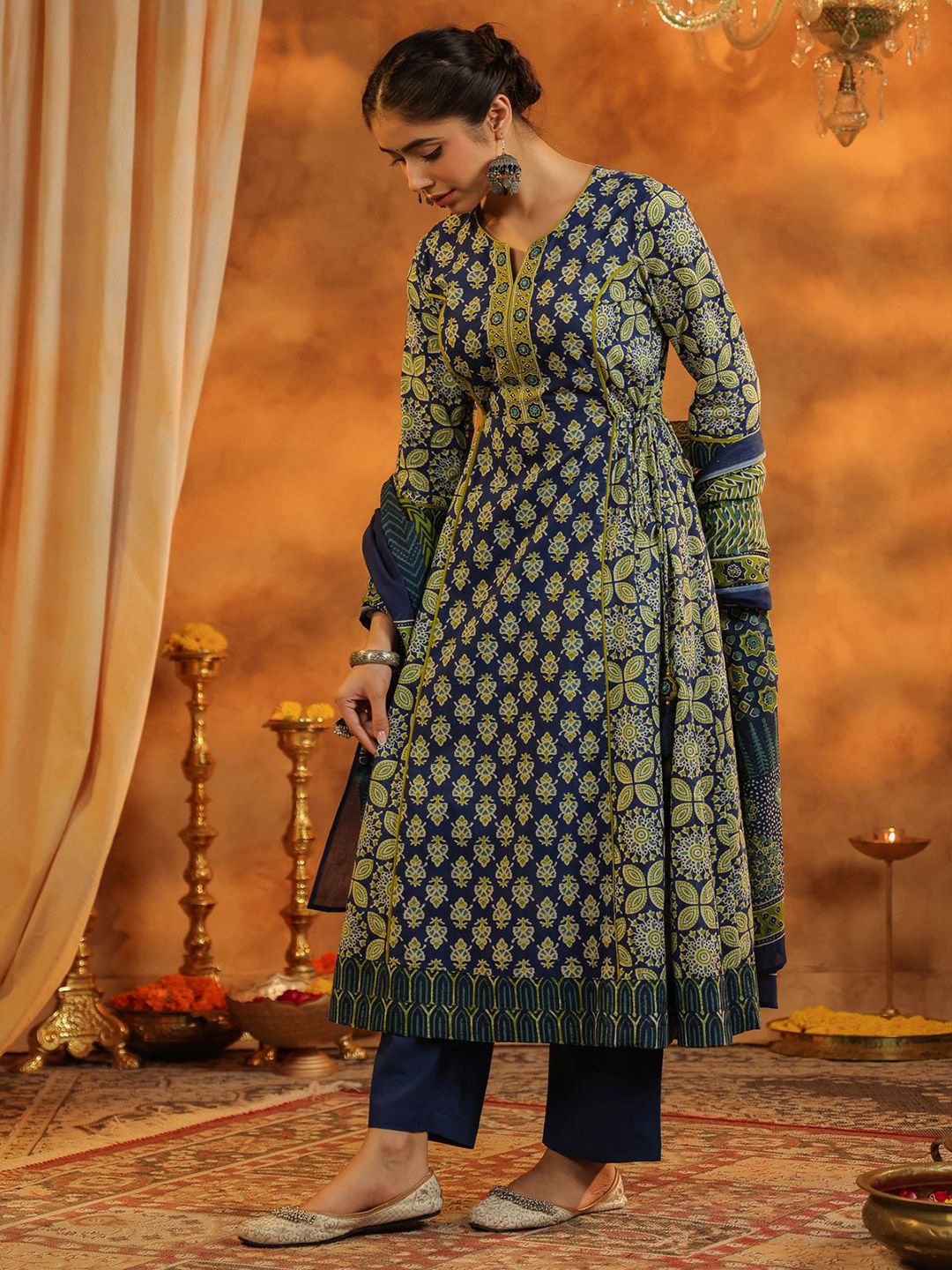 Dhiyona RR Women's Ethnic Motifs Printed Pure Cotton Anarkali Kurta with Trousers & Dupatta
