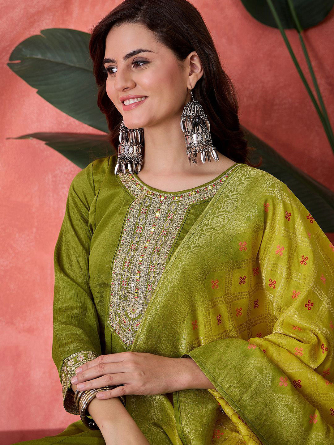 Floral Embroidered Round Neck Sequinned A-Line Kurta With Trousers & Dupatta