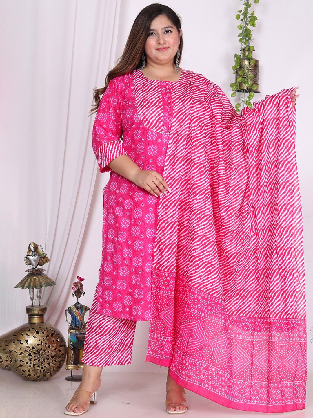Dhiyona KL Pure Cotton Bandhani Printed Pure Cotton Straight Kurta & Trousers With Dupatta