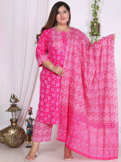 Dhiyona KL Pure Cotton Bandhani Printed Pure Cotton Straight Kurta & Trousers With Dupatta