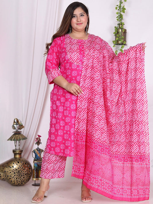 Dhiyona KL Pure Cotton Bandhani Printed Pure Cotton Straight Kurta & Trousers With Dupatta