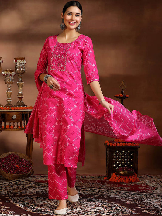 Bandhani Printed Gotta Patti Pure Cotton Kurta with Trousers & Dupatta