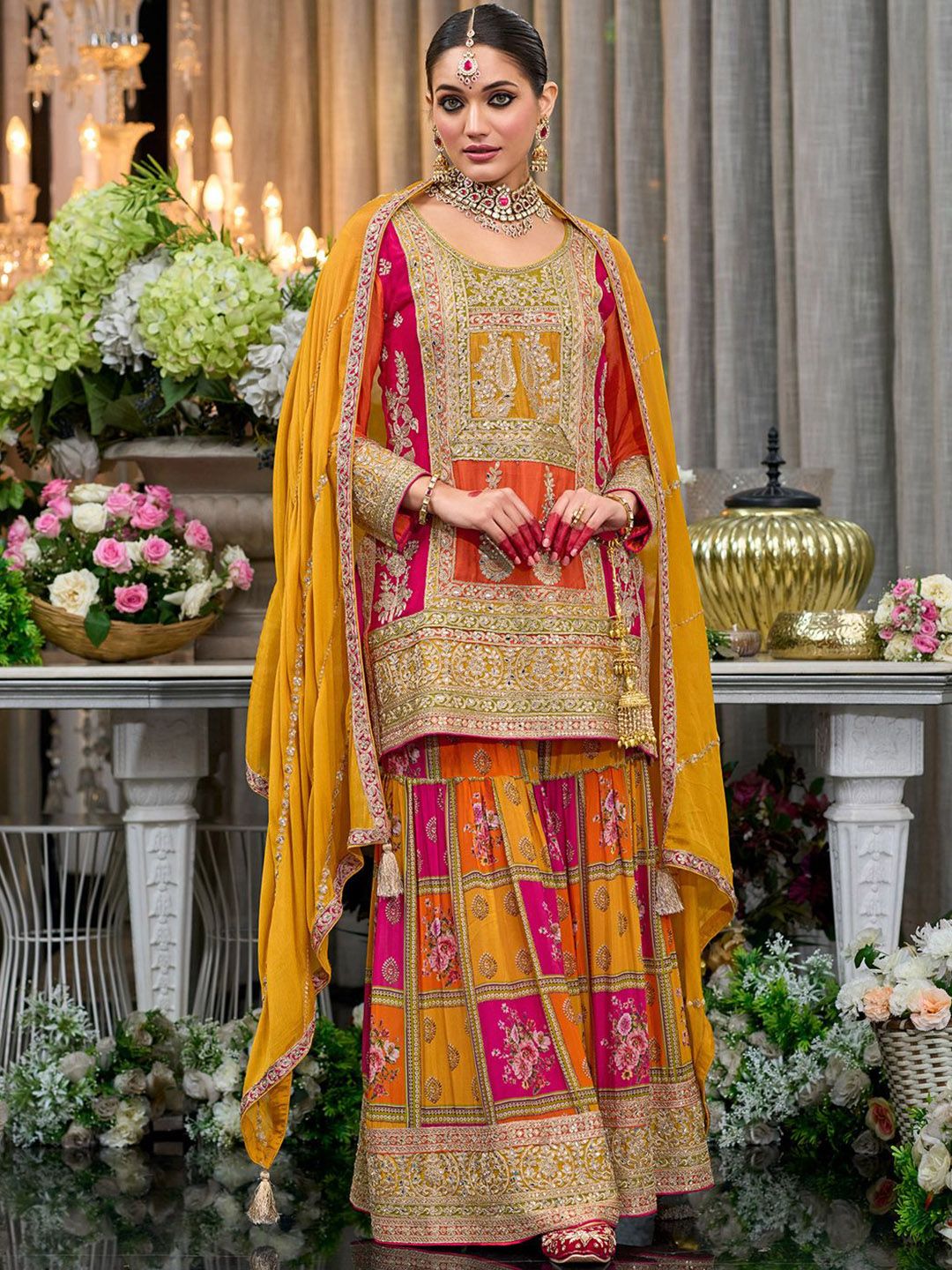 Sequinned Embroidered Round Neck Kurta With Palazzos & Dupatta