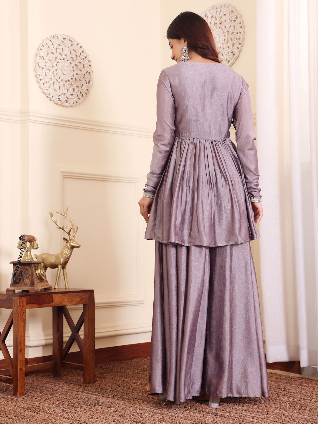 Dhiyona VA Women'sV-Neck Gotta Patti Long Sleeves A-Line Flared Kurta with Palazzo