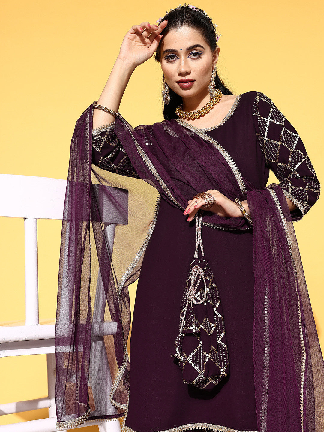 Women Purple Poly Georgette Ethereal Embroidery Kurta Set With Potli