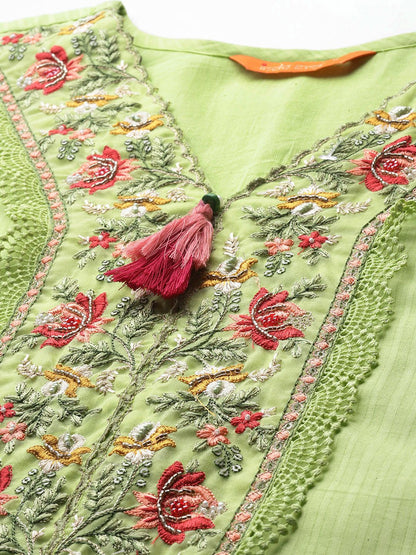 Dhiyona IE Floral Embroidered Thread Work Linen Kurta with Trousers & Dupatta