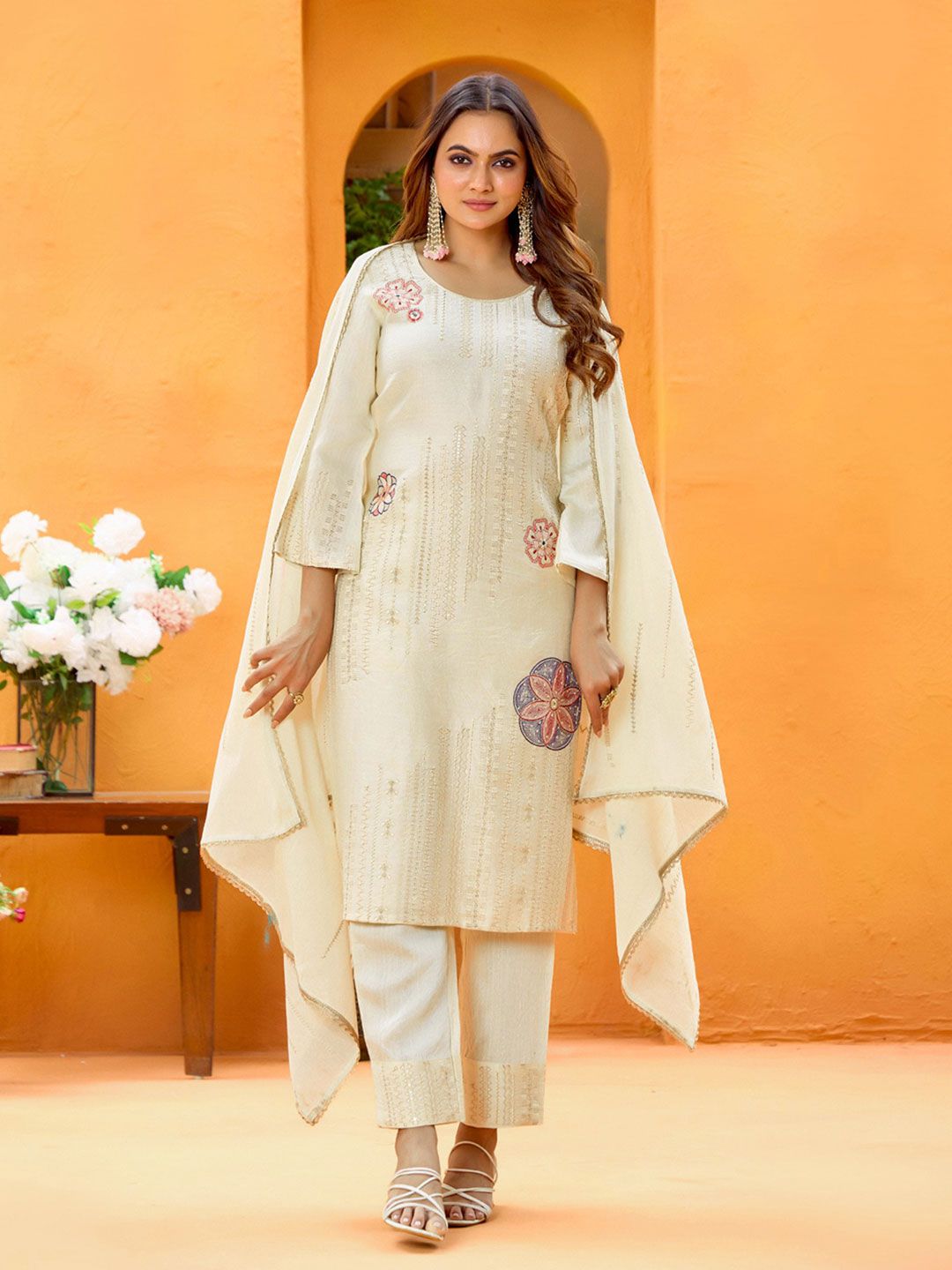 Dhiyona CH Floral Embroidered Sequinned Pure Cotton Straight Kurta With Trousers & Dupatta