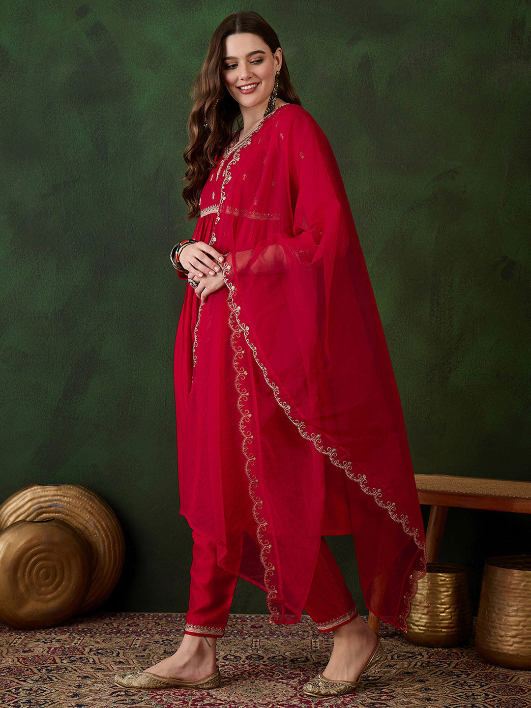 Floral Embroidered Pure Cotton Straight Kurta With Trouser & Dupatta