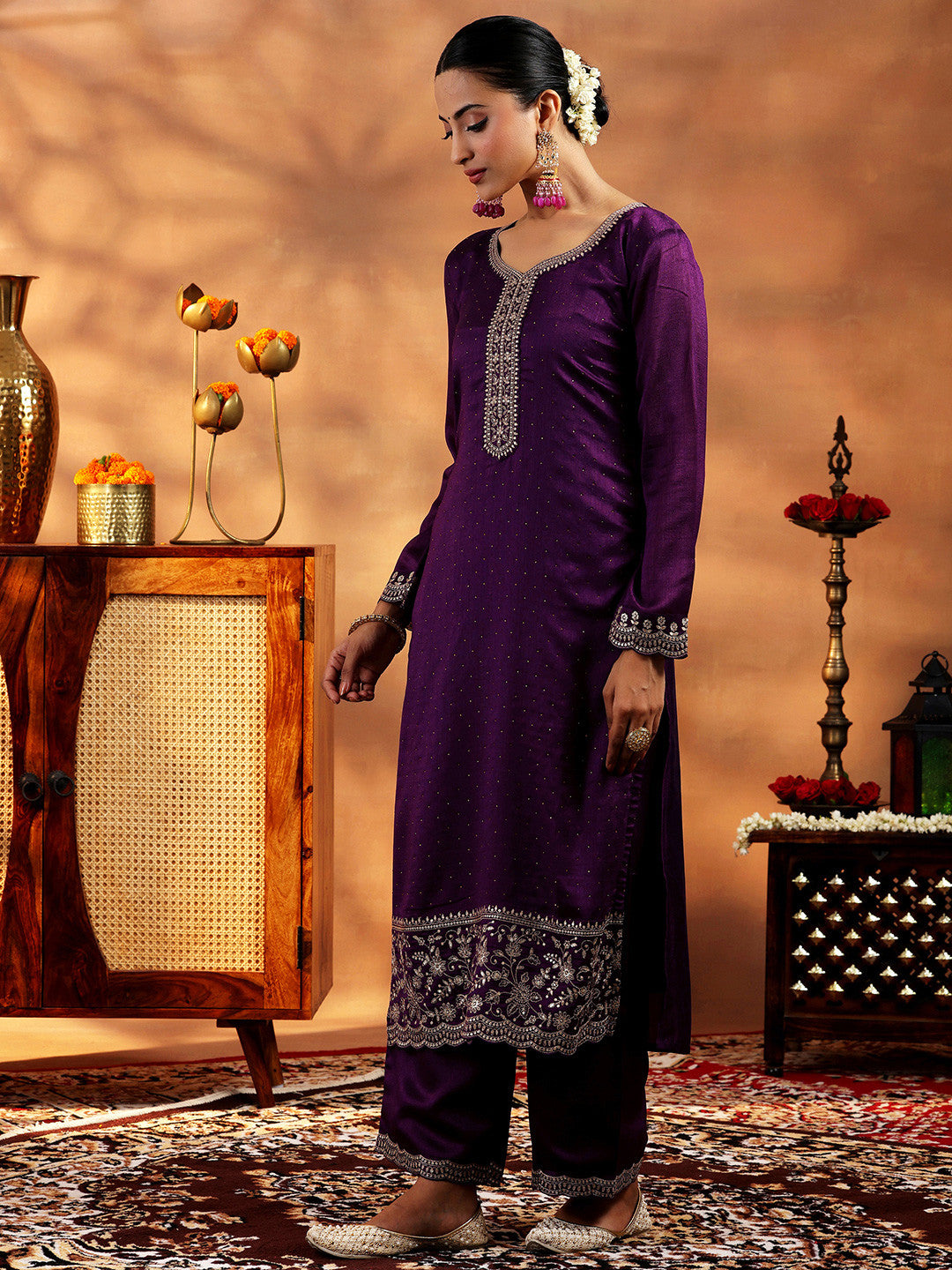 Women Floral Embroidered Regular Beads and Stones Kurta with Palazzos & With Dupatta