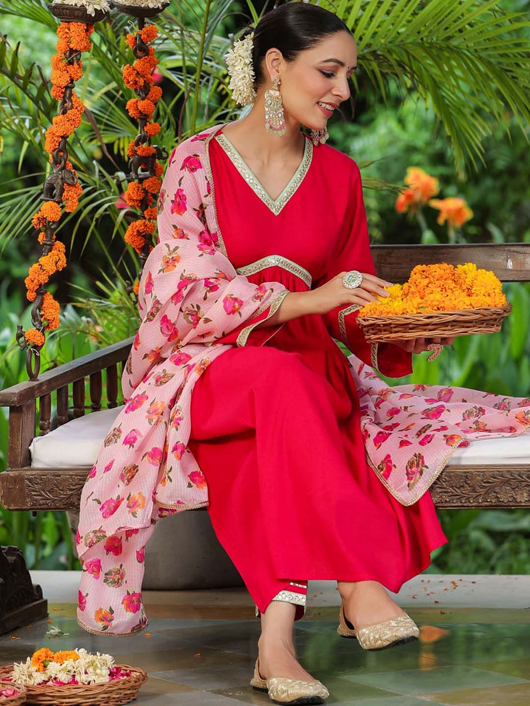 Dhiyona RR Women's Empire Gotta Patti Kurta With Trousers & Dupatta