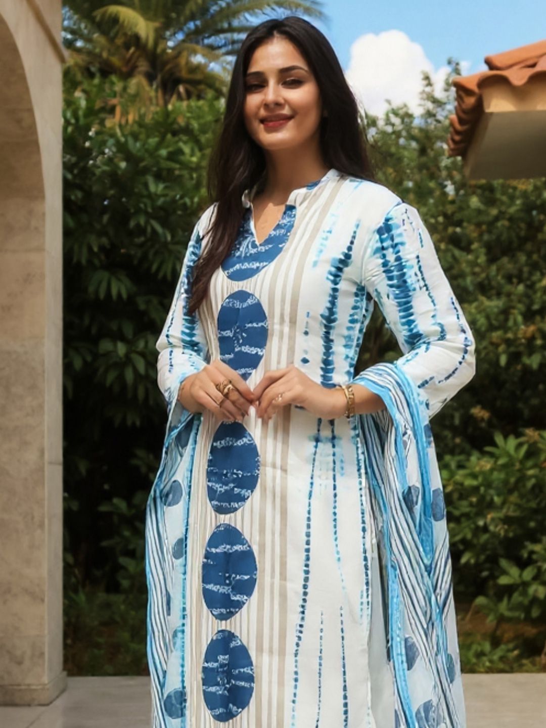 Dhiyona IE Tie And Dye Screen Technique Pure Cotton Kurta With Trousers & Dupatta