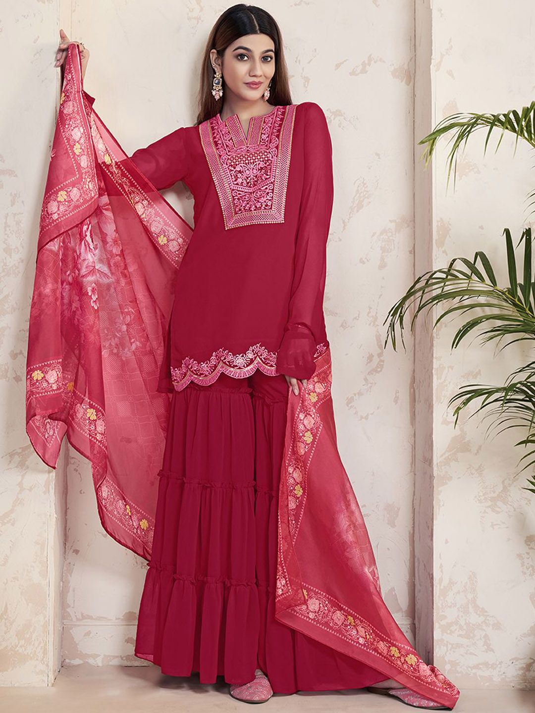 Dhiyona IN Ethnic Motifs Embroidered Sequinned Georgette Straight Kurti With Sharara & Dupatta