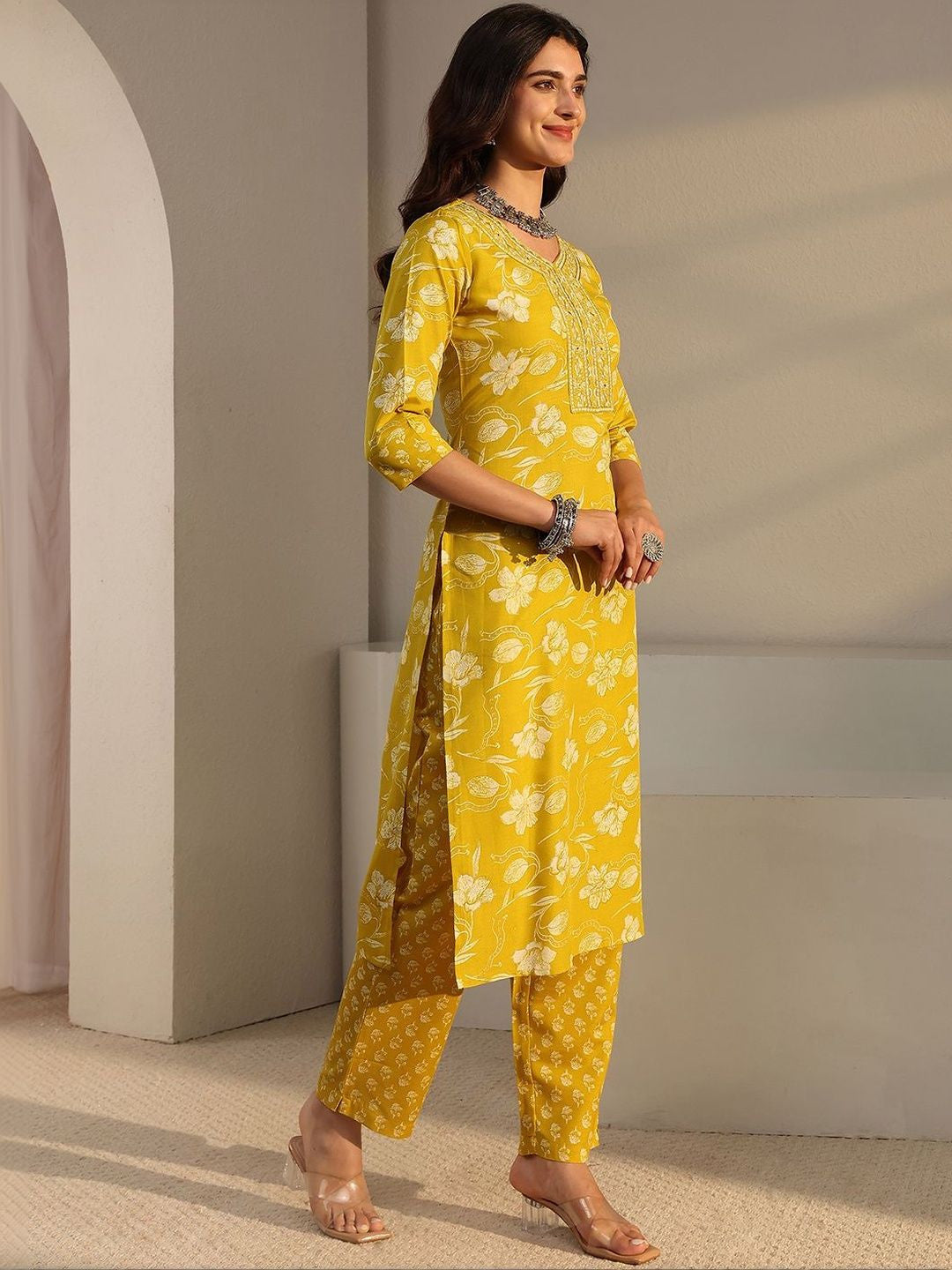 Libas Yellow Floral Printed Straight Suit Set with Dupatta