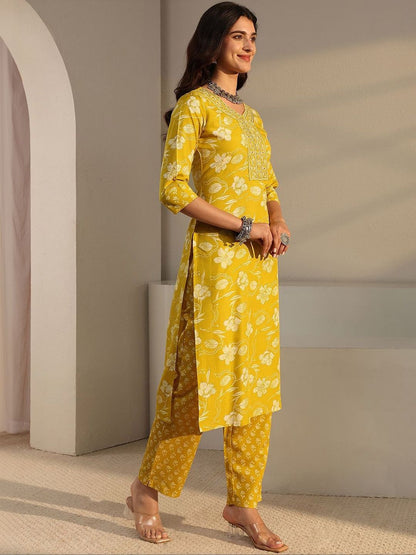Libas Yellow Floral Printed Straight Suit Set with Dupatta