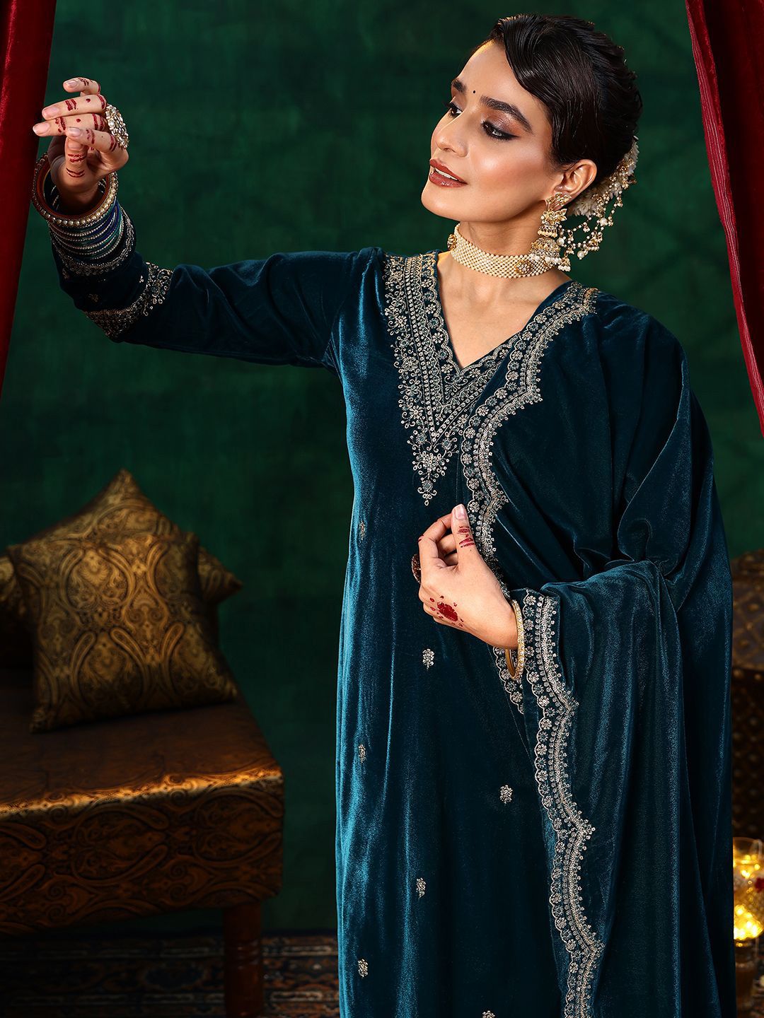 Dhiyona LL Floral Embroidered Zari Velvet Straight Kurta With Palazzos & Dupatta
