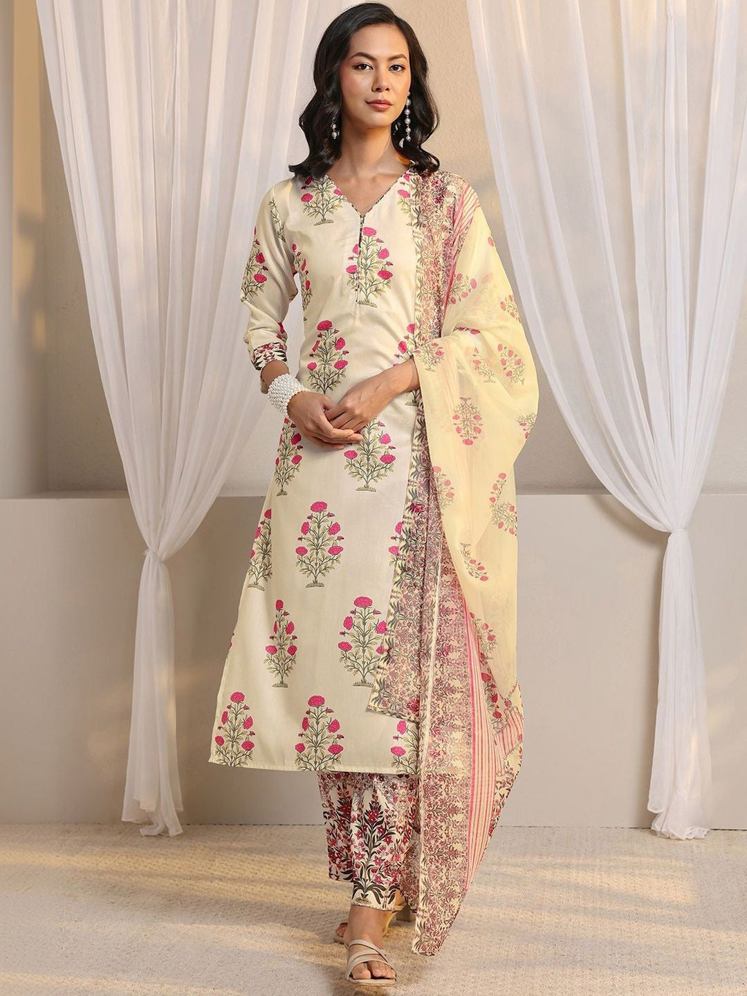Off White Floral Printed Chanderi Silk Straight Suit Set with Dupatta