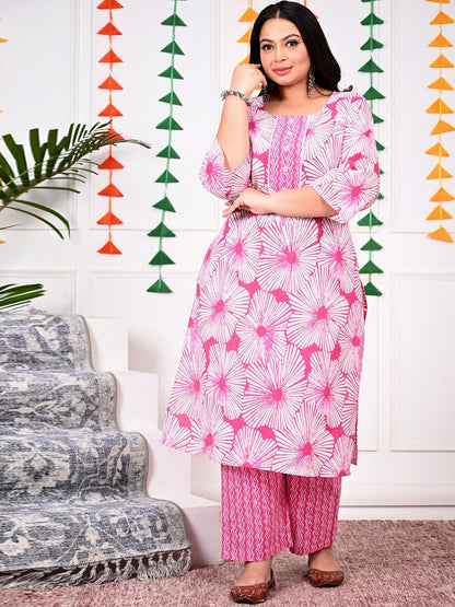 Dhiyona KL Floral Printed Pure Cotton Straight Kurta & Trousers With Dupatta