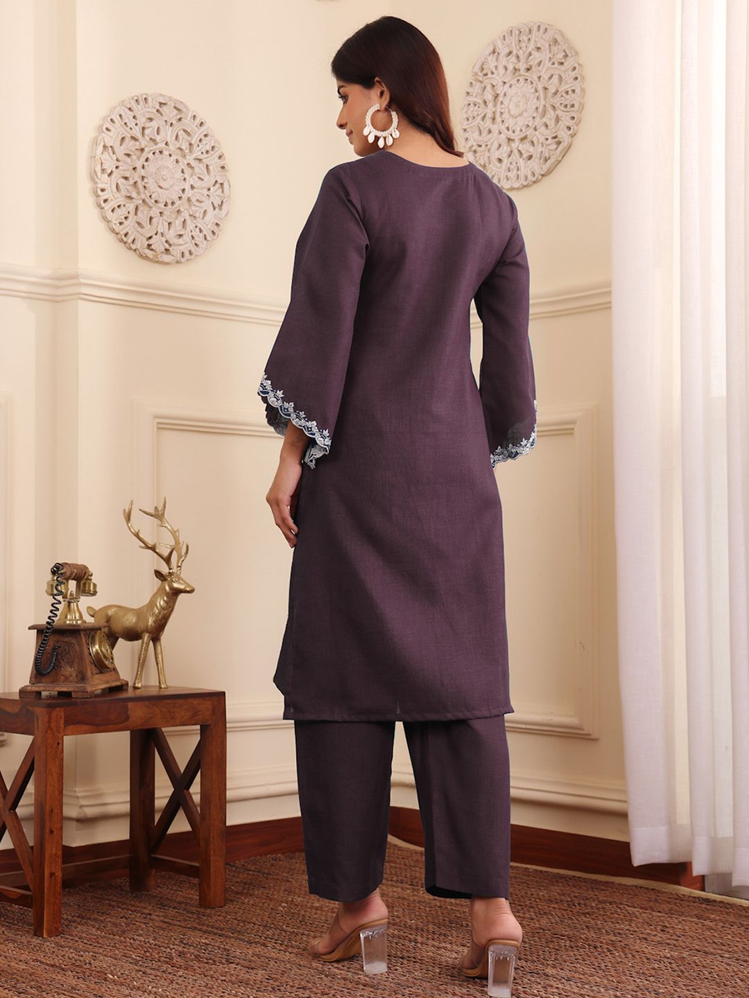 Brown V-Neck Embroidered Thread Work Straight Kurta With Trousers
