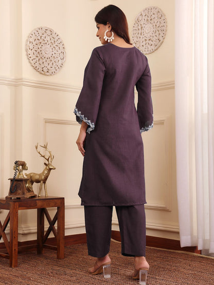 Brown V-Neck Embroidered Thread Work Straight Kurta With Trousers