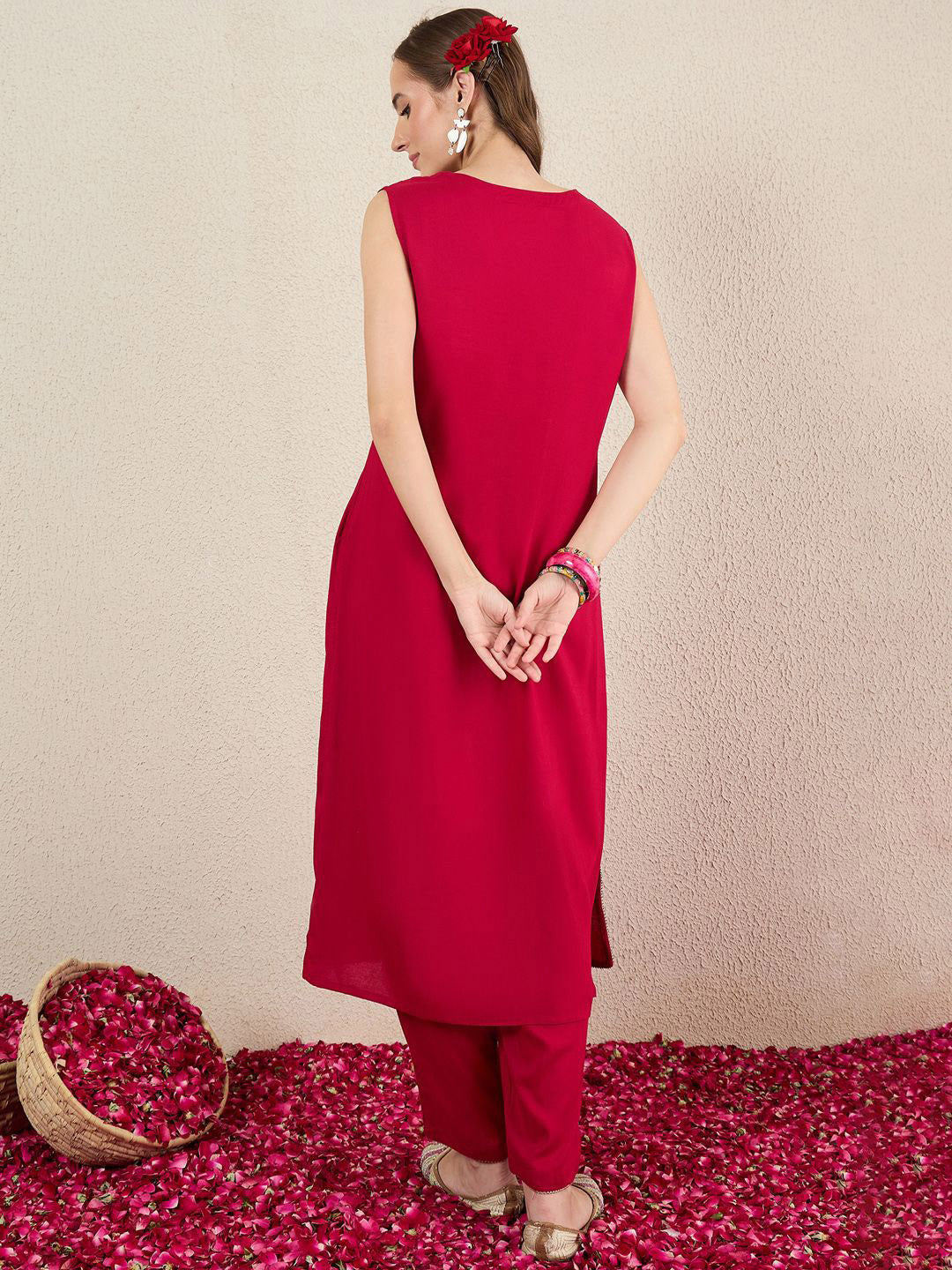 Women Solid Embroidered Kurta with Trousers