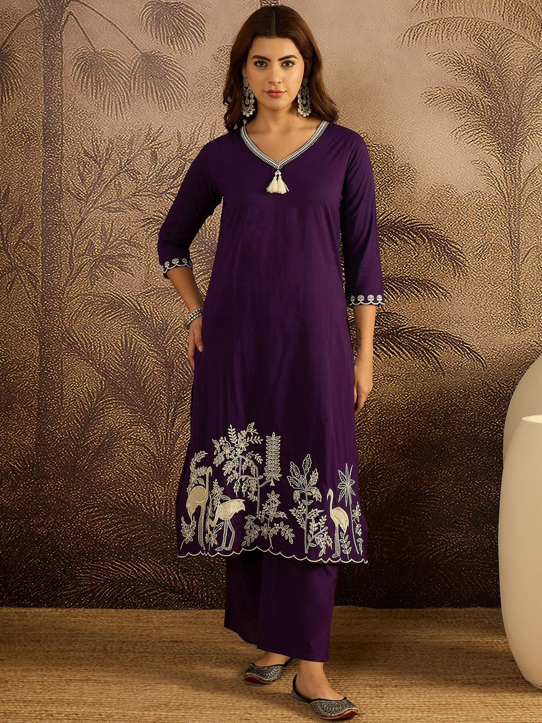Thread Work Embroidered Kurta with Trousers & Dupatta