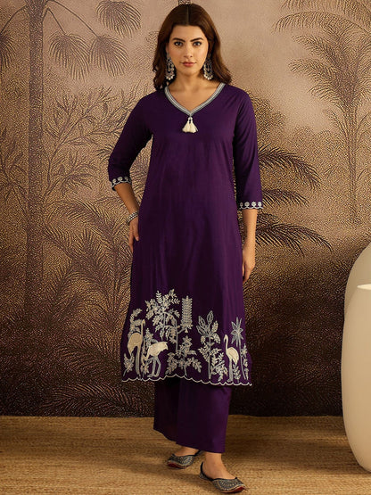 Thread Work Embroidered Kurta with Trousers & Dupatta
