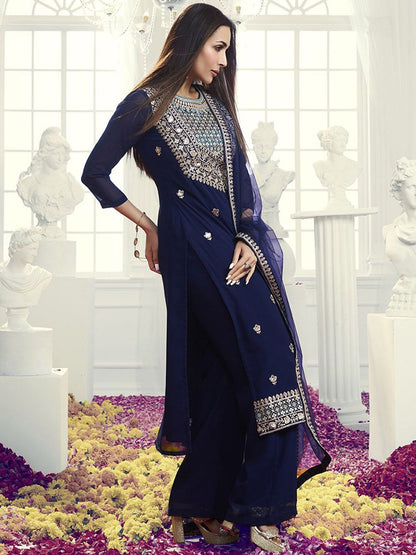 Dhiyona IN Navy Blue Floral Embroidered Sequinned Georgette Kurta with Palazzo & Dupatta