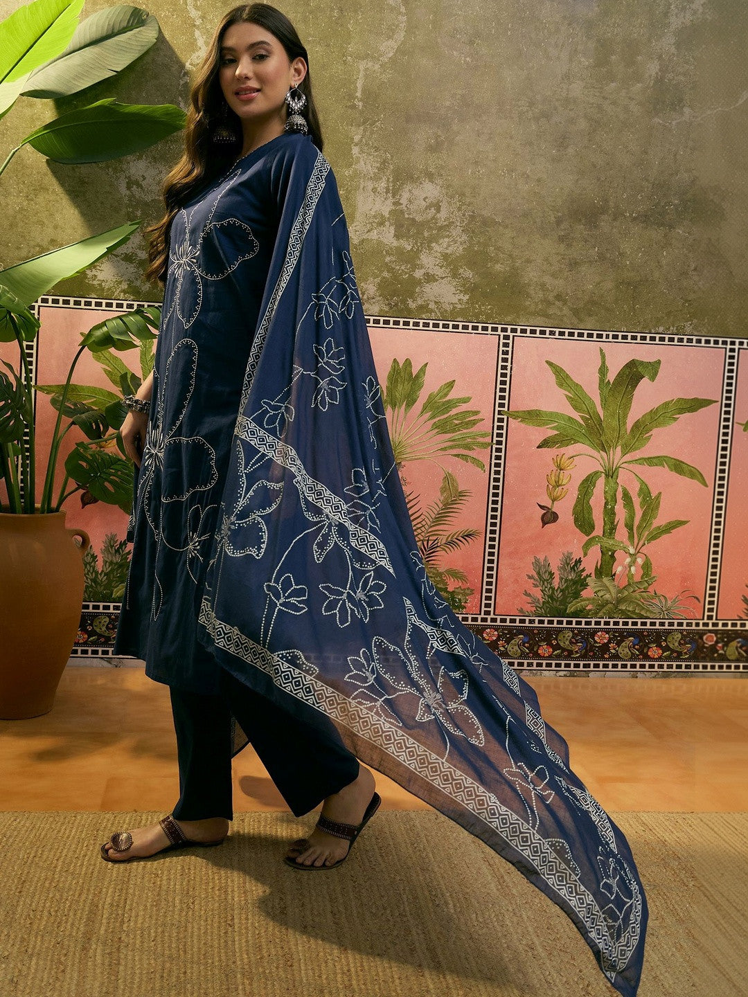 Floral Embroidered Pure Cotton Straight Kurta & Trousers With Dupatta