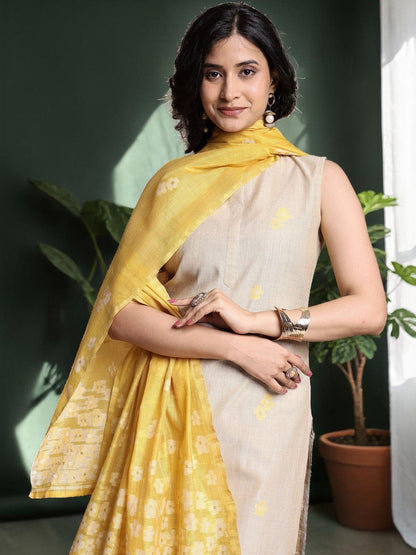 Floral Woven Design Mandarin Collar Kurta & Trousers With Dupatta