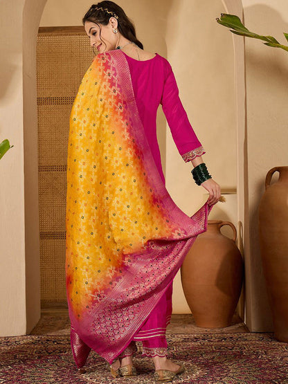 Women Floral Embroidered A-Line Kurta with Trousers & Dupatta