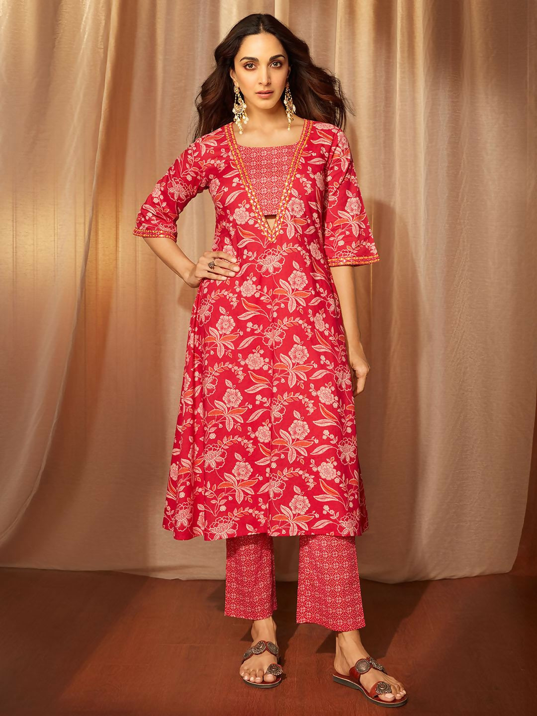 Women's LB Naghma Pink Printed Cotton A-Line Kurta With Palazzos