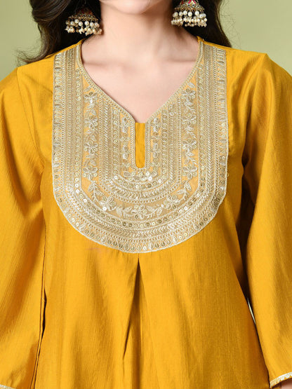 Ethnic Motifs Yoke Design Sequinned A-Line Kurta With Dhoti Pant & Dupatta