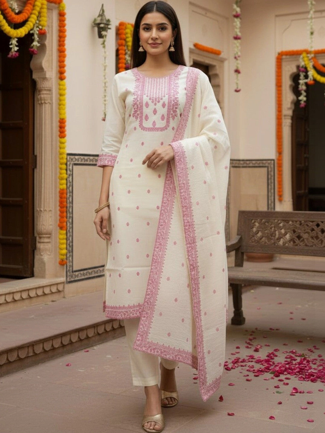 Women Regular Pure Cotton Kurta with Trousers & With Dupatta
