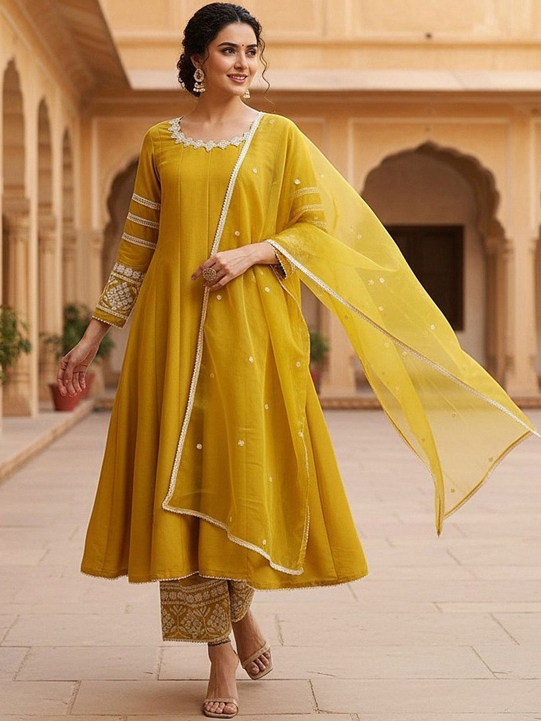 Dhiyona KL Panelled Round Neck Thread Work Anarkali Kurta With Palazzos & Dupatta
