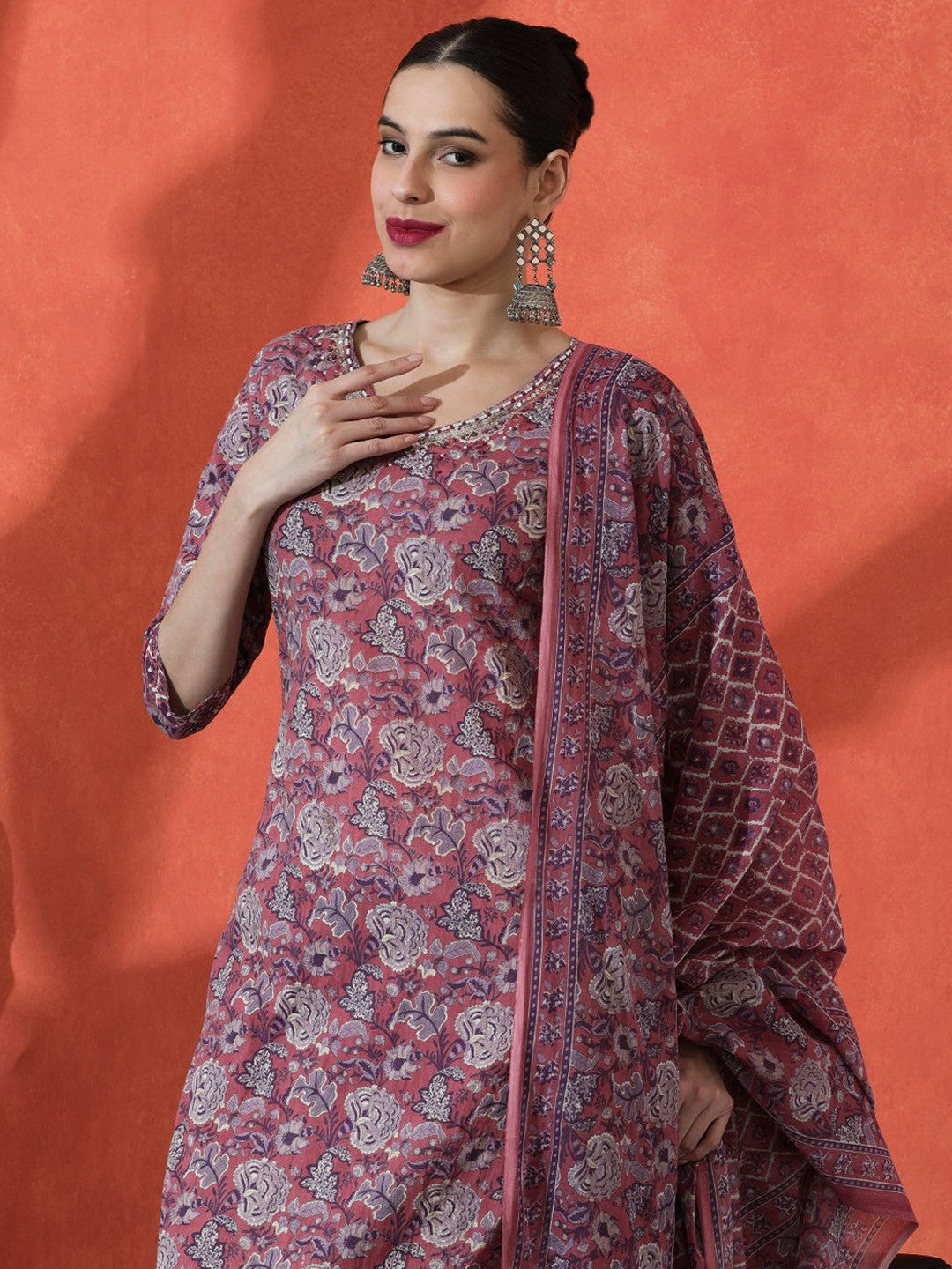 Floral Embroidered Straight Pure Cotton Kurta With Trousers & Dupatta
