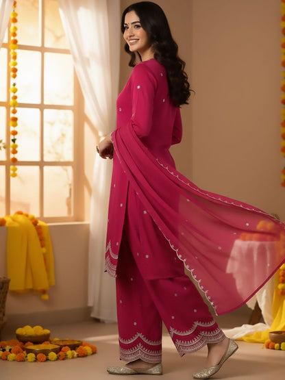 Dhiyona HOP Embroidered Round Neck Kurta & Sharara With Dupatta