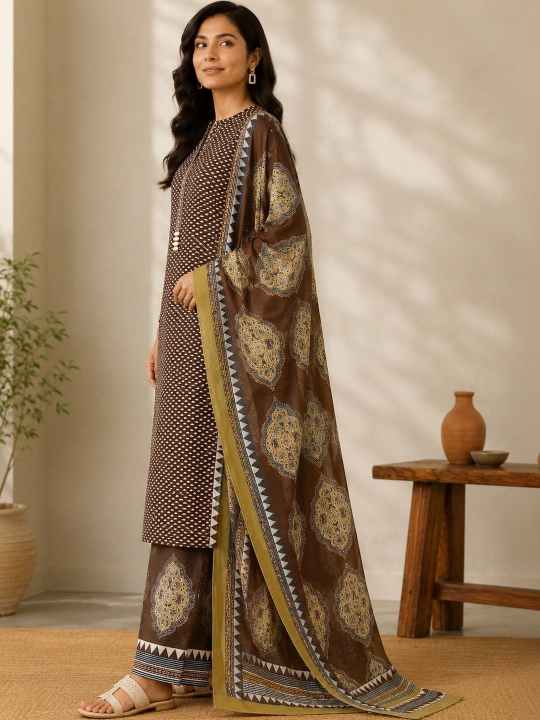 Women Ethnic Motifs Printed Regular Mirror Work Pure Cotton Kurta with Palazzos & With Dupatta